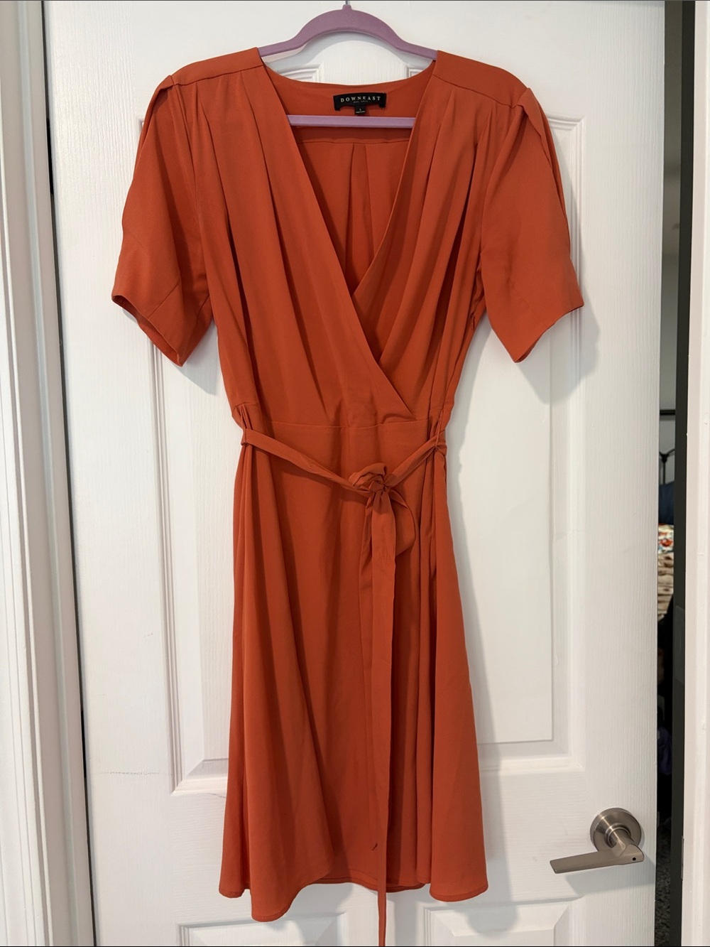 DownEast Burnt Orange Wrap Midi Dress with Tie Waist
